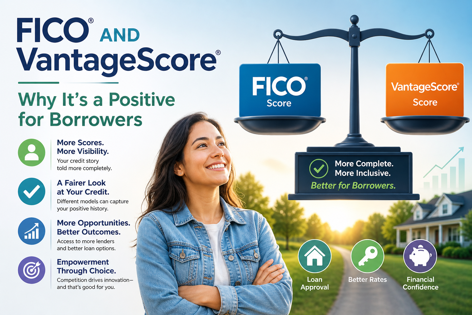 Visual guide to FICO vs VantageScore credit scores and how multiple scoring models help borrowers qualify for loans, improve credit access, and secure better mortgage terms.