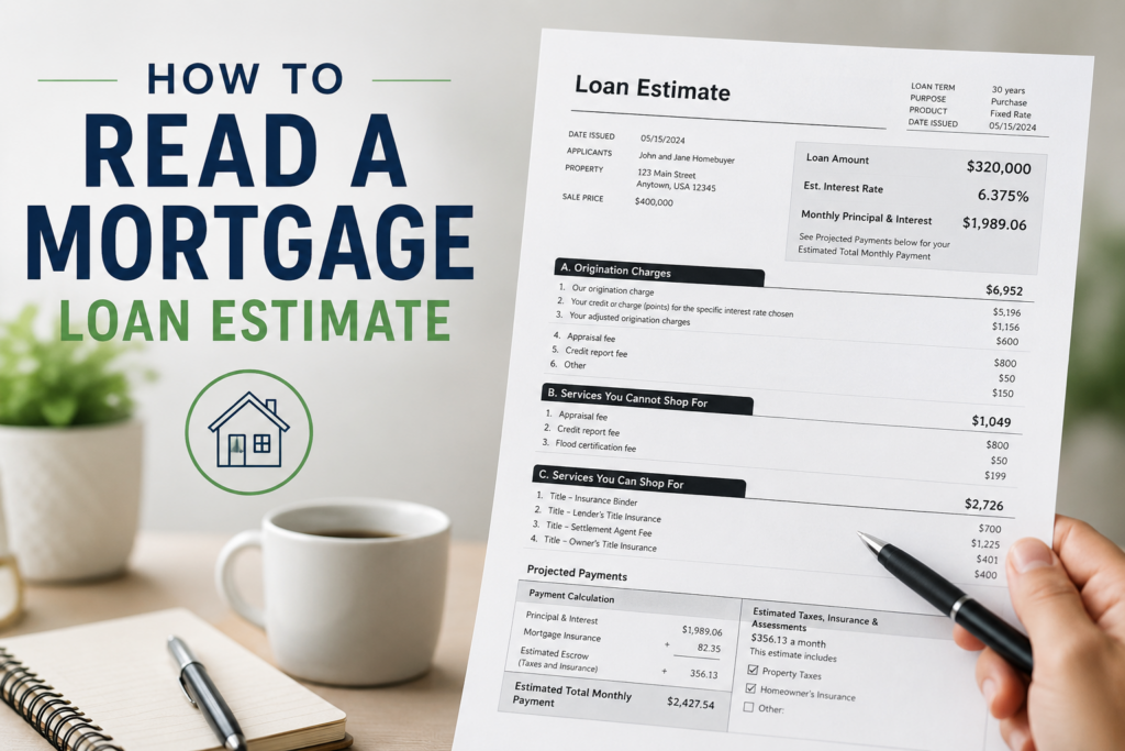Modern mortgage loan estimate feature image showing a borrower reviewing a Loan Estimate document with highlighted loan costs, interest rate, monthly payment details, and closing fees in a clean professional office setting — ideal for educational mortgage and home loan content.