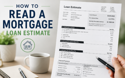 Modern mortgage loan estimate feature image showing a borrower reviewing a Loan Estimate document with highlighted loan costs, interest rate, monthly payment details, and closing fees in a clean professional office setting — ideal for educational mortgage and home loan content.