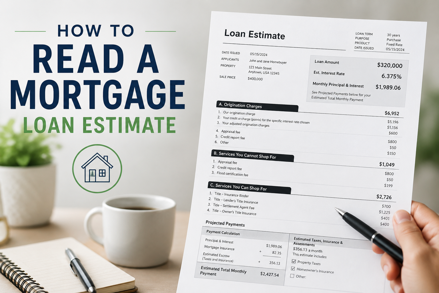 Modern mortgage loan estimate feature image showing a borrower reviewing a Loan Estimate document with highlighted loan costs, interest rate, monthly payment details, and closing fees in a clean professional office setting — ideal for educational mortgage and home loan content.