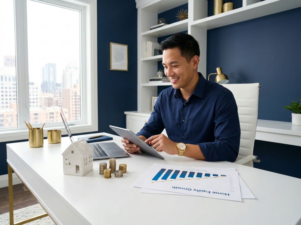Homeowner reviewing home equity and cash-out refinance documents to build wealth