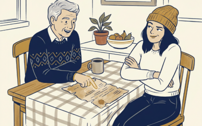 Parent giving outdated mortgage advice to adult child at kitchen table