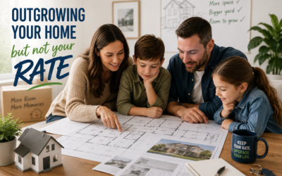 Family reviewing floor plans for a new home