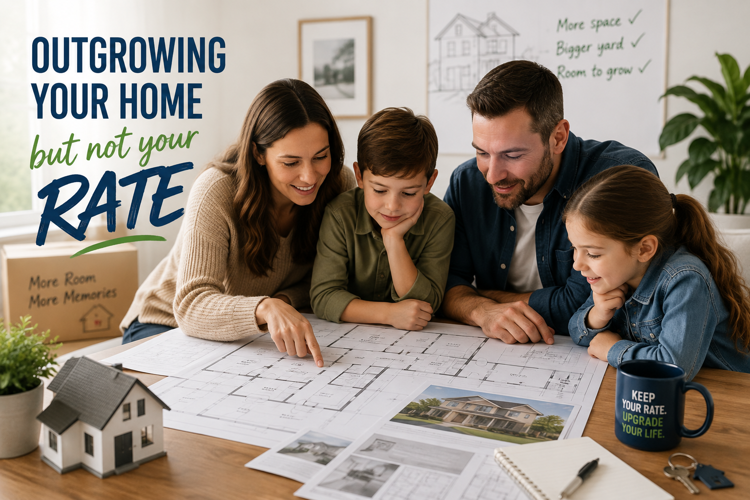Family reviewing floor plans for a new home